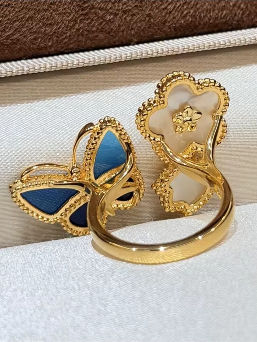 Gold Floral and Blue Butterfly Enamel Stud Earrings - Picture 5 of 7